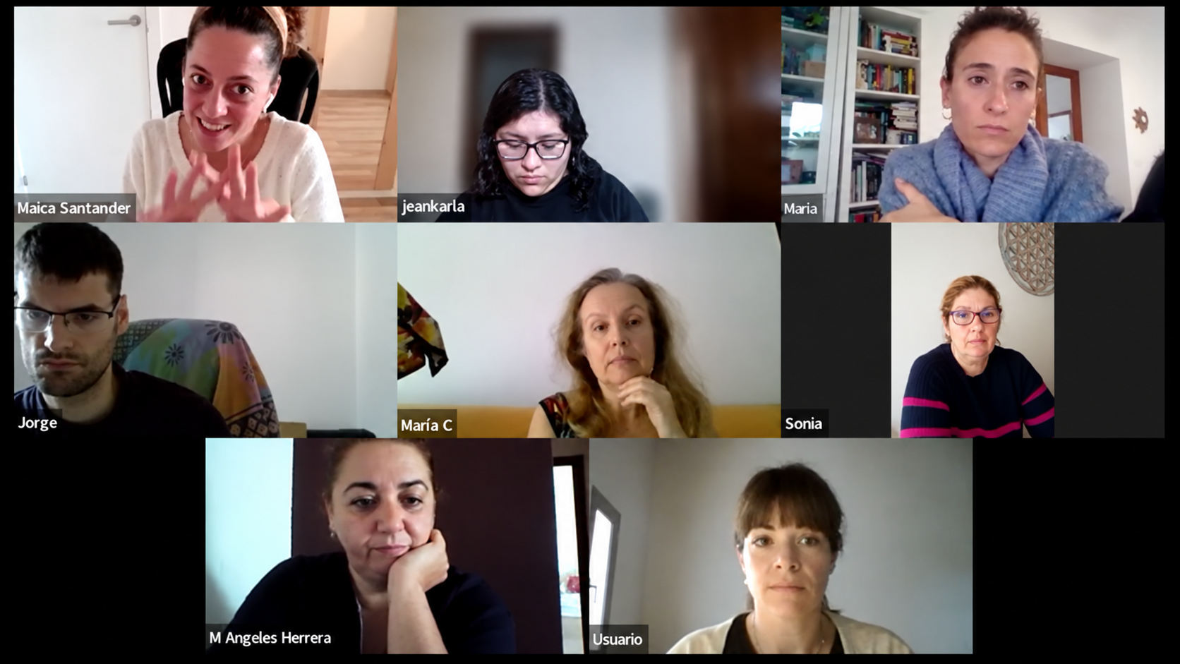 Maica y participantes durante una sesión grupal online